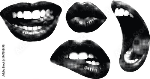 Halftone dots mouth expressions vector collection female lips set biting smiling shouting poses graphic design element