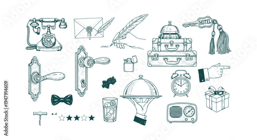Vintage Hotel Service Vector Icons Set with Suitcase Retro Phone Key Cloche and Hospitality Elements