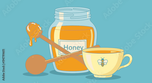 Jar of honey with cup and spoons.