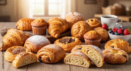 A variety of pastries and breads, including croissants, muffins, and Danish pastries, arranged on a wooden table with a bowl of berries and a cup of coffee in the background.