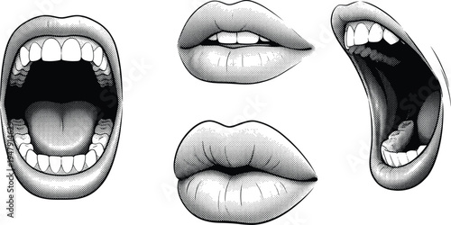Detailed mouth and lips halftone vector collection female facial expressions set screaming smiling talking anatomical art