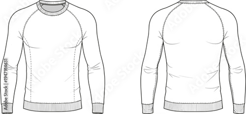 Long sleeve crew neck sweatshirt, front and back view, raglan sleeves, ribbed cuffs, ribbed hem, fashion sketch, apparel illustration template
