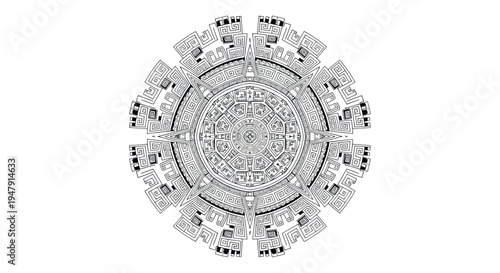 Intricate Circular Geometric Pattern, Ancient Aztec Sun Stone Inspired Design, Black and White