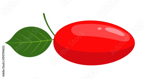 Red fruit with green leaf attached.