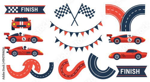 Racing Cars, Checkered Flags, Finish Line, Bunting, and Track Elements Vector Set