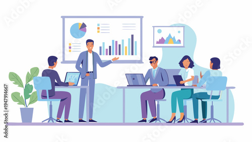 Business team collaborating on project with data presentation