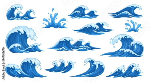 Set of Ocean Waves, Water Splashes, Sea Swells, Surfing, Marine, Isolated