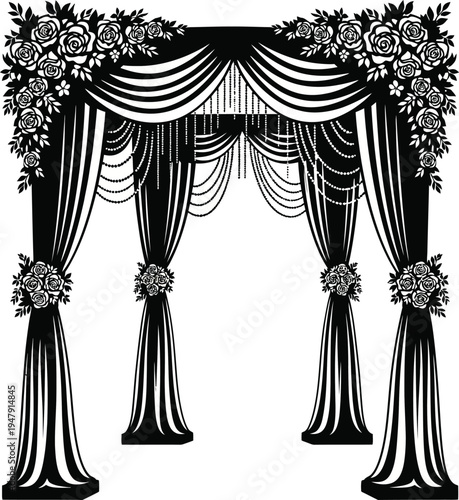 Black and white of a draped archway with roses curtains flowers