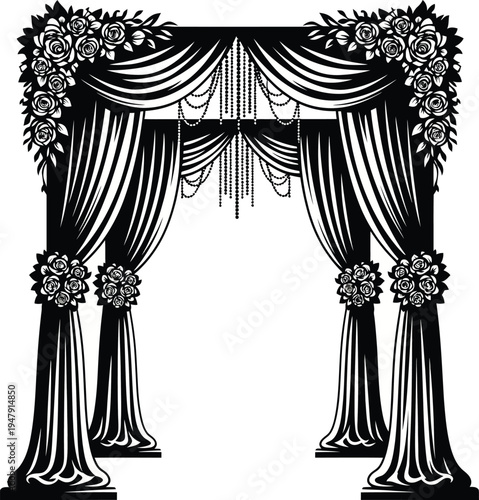 Black and white of a draped archway with roses and beads curtains
