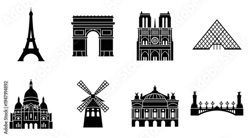 Paris Landmarks Vector Icon Set – France Cityscape Vectors Featuring Eiffel Tower, Arc de Triomphe, Notre-Dame, Louvre Pyramid, Sacré-Cœur, Moulin Rouge, Palais Garnier, and Pont Alexandre III