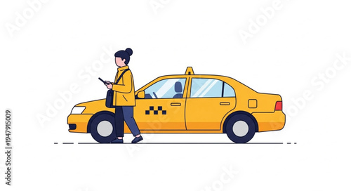 Woman Walking to Yellow Taxi.