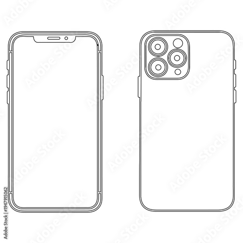A minimalist line drawing depicts a modern smartphone s front and back views presented as a silhouette high quality professional detailed