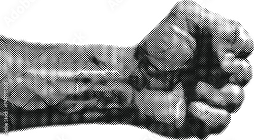 Bold halftone dot artwork of a human fist, emphasizing textured skin and strong anatomical details