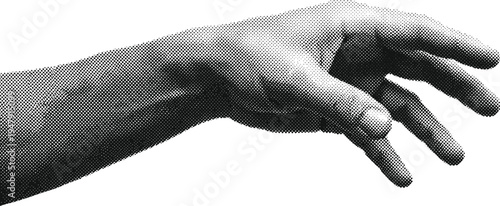 Human hand reaching out with fingers partially extended against a grey checkered background in pixelated halftone style, illustrative concept.