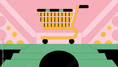 A yellow shopping cart sits atop an abstract green staircase structure with pink geometric background elements suggesting retail activity.