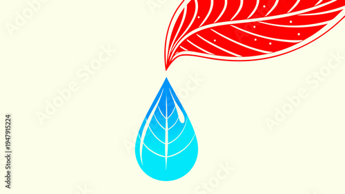 A single blue water droplet hangs suspended beneath a stylized red leaf against a plain cream background.