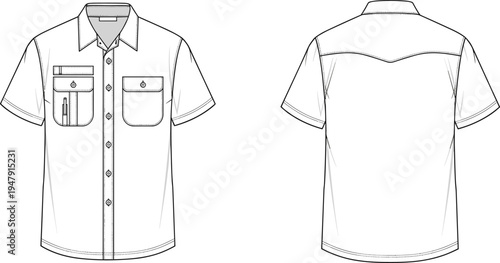 Men’s short sleeve button-up shirt, front and back view, chest pockets, pen slot detail, curved hem, fashion sketch, apparel illustration template