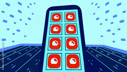 Close-up view of a mobile device screen showing eight identical red application icons receding into a bright blue digital tunnel.