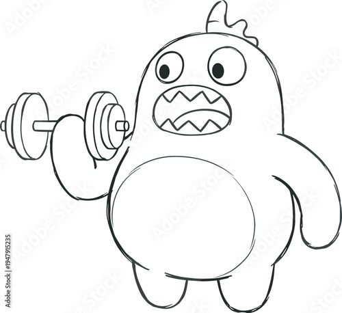 Cute monster lifting dumbbell mascot character, funny gym creature fitness cartoon outline vector illustration isolated