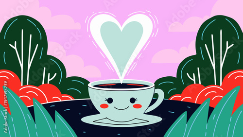 Anthropomorphic coffee cup emits a large heart-shaped steam cloud in a lush outdoor setting with stylized trees and foliage.