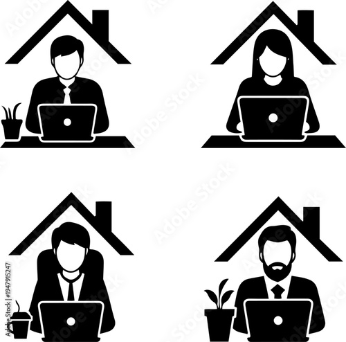 Diverse Professionals Working Remotely From Home Offices With Laptops Under House Roof Icons