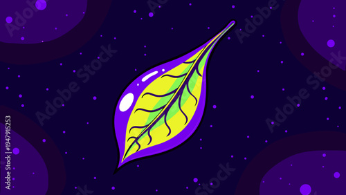 An elongated, vibrant neon leaf with defined veins floats mysteriously against a dark, speckled purple cosmic background.