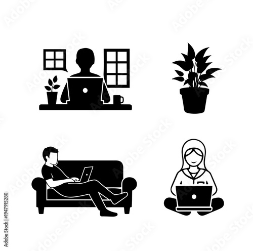 Diverse People Working Remotely with Laptops in Various Home Settings Icon Set
