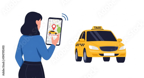 Woman with smartphone and taxi.
