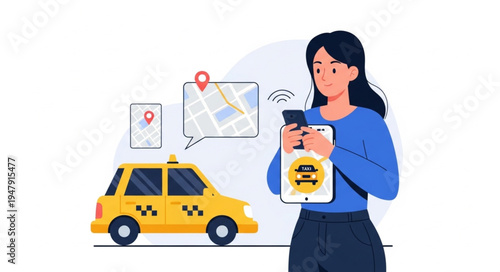 Woman with smartphone and taxi.