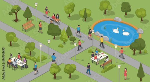 Isometric City Park Vector Illustration with People Jogging, Walking, and Working Outdoors, Public Garden with Pond and Green Trees