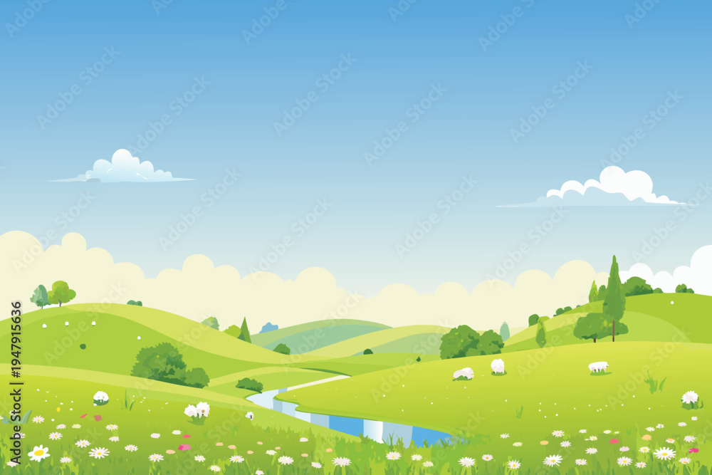Fototapeta premium Rolling green hills with a stream and sheep grazing under a blue sky with clouds. illustration