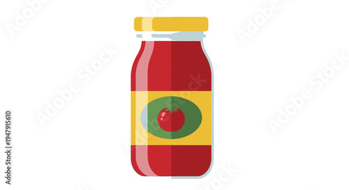 Minimalist Flat Vector Illustration of a Tomato Sauce Glass Jar with Yellow Lid and Label on White Background