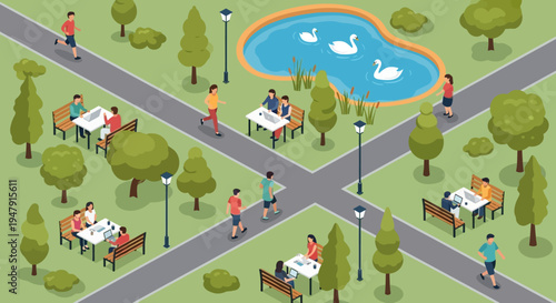 Isometric Urban City Park Vector Illustration - People Working Outdoors, Jogging, and Relaxing in Nature with Laptop and Swan Pond Background