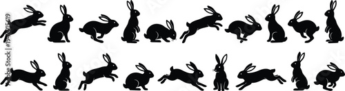 rabbit silhouette black bunny hare jumping sitting running leaping side view wildlife animal icon vector set collection outline graphic