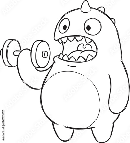 Cute monster lifting dumbbell mascot character, funny fitness creature cartoon outline vector illustration isolated