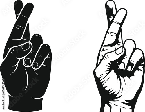 Two vector images of crossed fingers hand gestures, representing good luck and superstition on transparent background