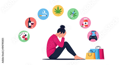 Conceptual Illustration of a Woman Suffering from Various Addictions and Bad Habits including Gambling, Substance Abuse, Gaming, and Compulsive Shopping