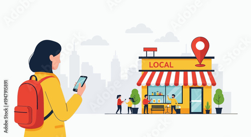 Woman Using Smartphone to Find Local Shop with Map Location Pin Icon - Local SEO and Small Business Marketing Concept Illustration