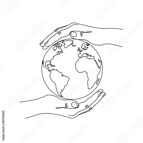 A minimalist line art illustration of two hands cradling the Earth, symbolizing global care and protection