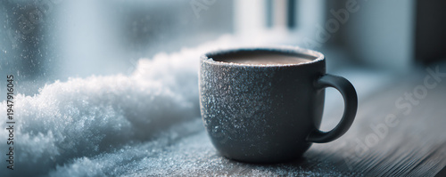 Product-style mug close-up, soft snow buildup on window sill behind 32k ultra HD