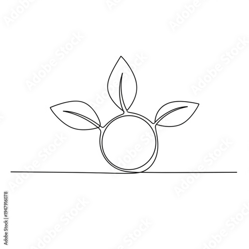 A minimalist line art illustration of a circle with leaves growing out of it, symbolizing growth and nature