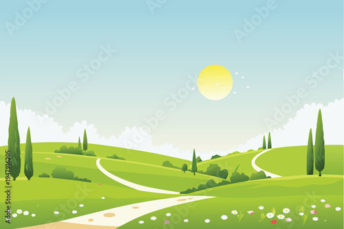 Rolling green hills with winding paths under a sunny sky cypress trees and wildflowers