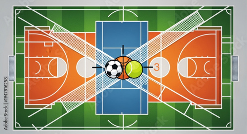 Sports fields and balls illustration showcasing various athletic activities.
