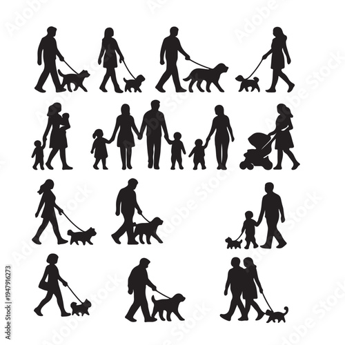 Walking with Pets and Kids Vector Silhouette Pack