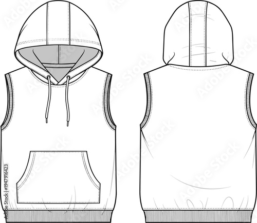 Sleeveless hoodie flat sketch, front and back technical drawing, apparel fashion template, ribbed hem, kangaroo pocket, drawstring hood, casual sportswear design