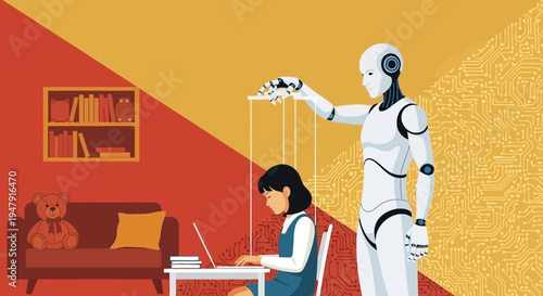 Conceptual Illustration of a Robot Controlling a Young Girl Like a Marionette Puppet, Representing AI Influence and the Impact of Technology on Children