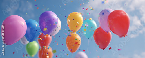 Rainbow balloons floating upward, confetti drifting gently, top-down camera angle 32k