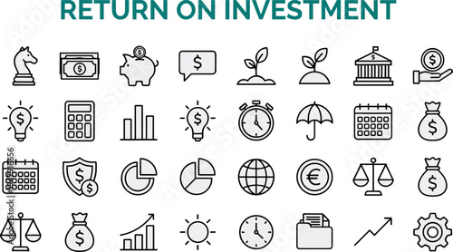 return on investment ROI icons set finance growth profit money calculator chart graph business success money bag vector line art collection