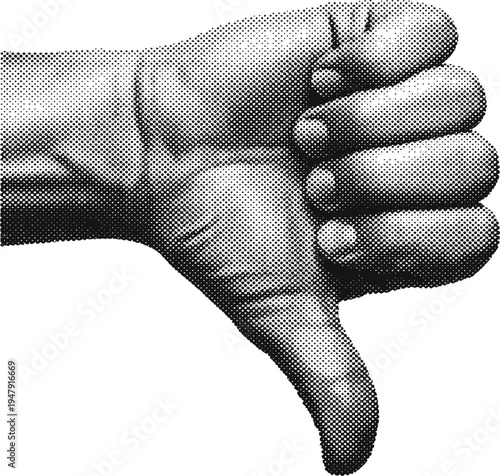 Halftone thumbs down hand gesture vector icon on transparent background showing disapproval dislike and negative feedback
