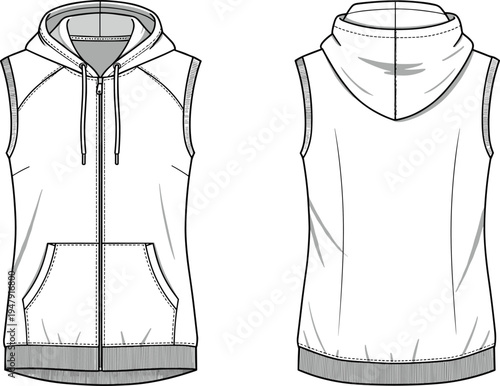 Sleeveless hoodie flat sketch, front and back view, technical fashion illustration, zipper closure, kangaroo pocket, ribbed hem, drawstring hood, apparel design vector